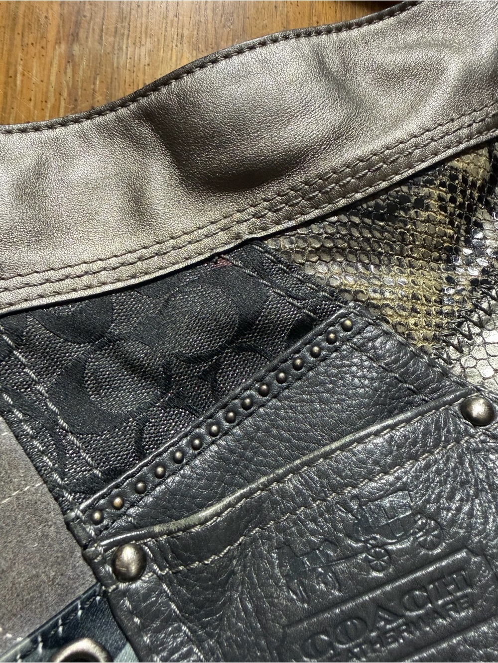 Coach Zoe Patchwork Leather & Fabric Hobo Bag in Black and Gray - Picture 7 of 13